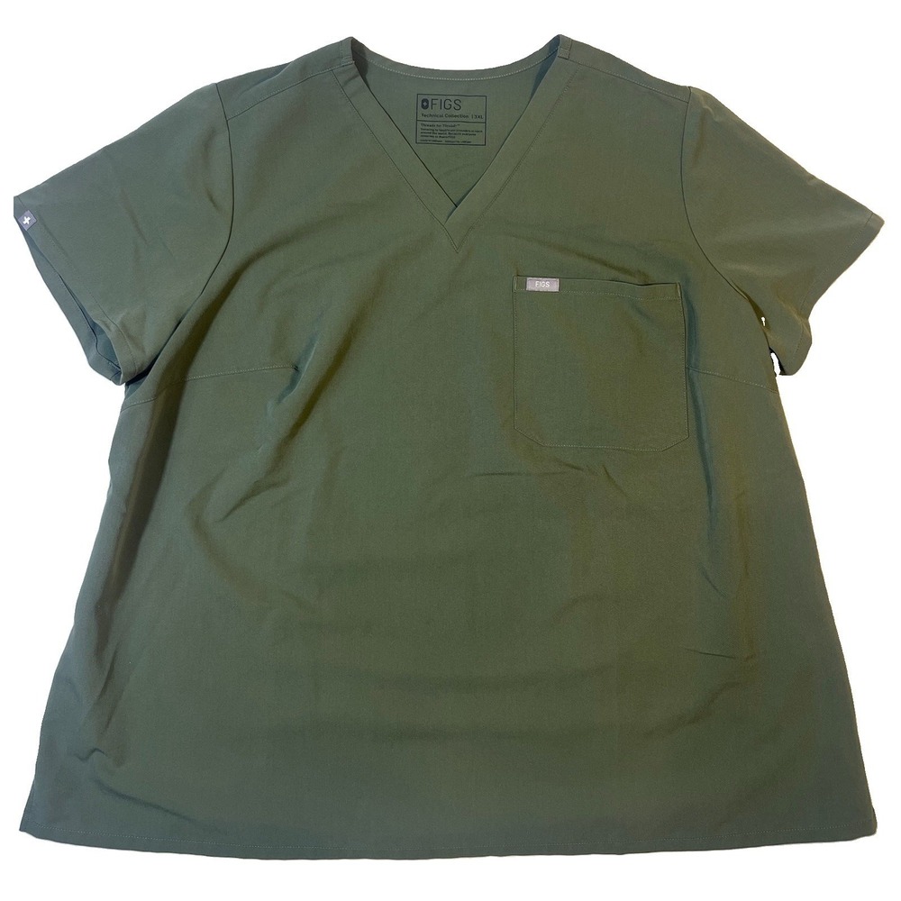 FIGS Catarina Scrub Top Women's 3XL Olive Green V-Neck One Pocket Stretch EUC